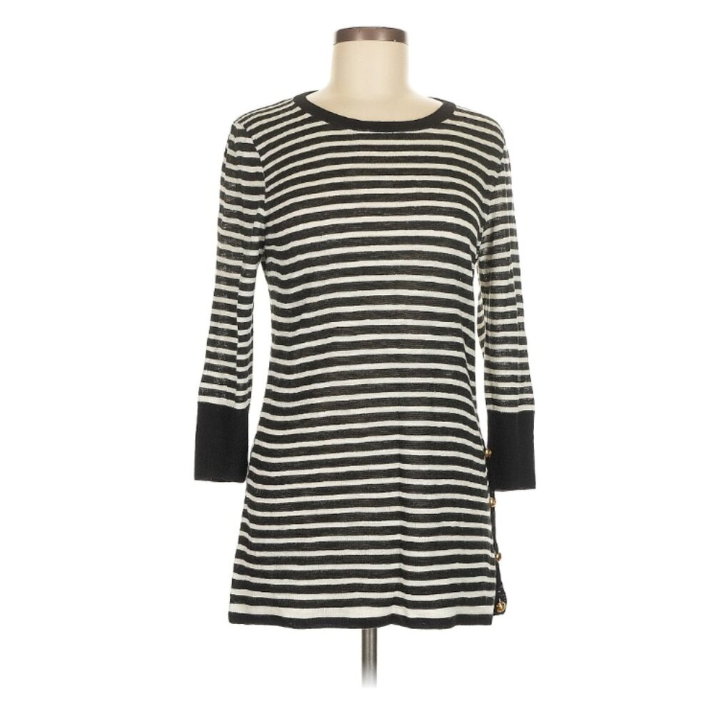 Lafayette 148 New York Black and White Striped Gold Button Long Sleeve Top